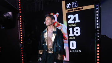 SAN ANTONIO, TEXAS- APRIL 9: Ryan Garcia makes his entrance for his lightweight fight against Emmanuel Tagoe at Alamodome April 9, 2022 in San Antonio, Texas. (Photo by Tom Hogan/Golden Boy Promotions via Getty Images)