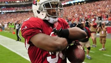 Sep 15, 2013; Phoenix, AZ, USA; Arizona Cardinals running back Andre Ellington (38) celebrates a 31 yard touchdown during the first half against the Detroit Lions at University of Phoenix Stadium. Mandatory Credit: Matt Kartozian-USA TODAY Sports