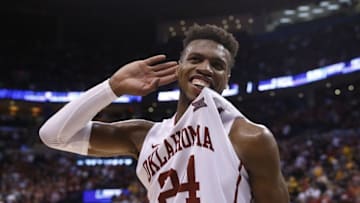 Mar 20, 2016; Oklahoma City, OK, USA; Oklahoma Sooners guard Buddy Hield (24) celebrates defeating the Virginia Commonwealth Rams 85-81 during the second round of the 2016 NCAA Tournament at Chesapeake Energy Arena. Mandatory Credit: Kevin Jairaj-USA TODAY Sports
