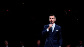 Oct 30, 2015; Phoenix, AZ, USA; Two-time NBA Most Valuable Player Steve Nash during his induction into the Suns Ring of Honor speech during half time at Talking Stick Resort Arena. Mandatory Credit: Jennifer Stewart-USA TODAY Sports