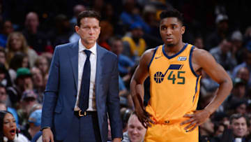 DENVER, CO - DECEMBER 26: Coach Quin Snyder of the Utah Jazz speaks with Donovan Mitchell #45 during the game against the Denver Nuggets on December 26, 2017 at the Pepsi Center in Denver, Colorado. Copyright Notice: Copyright 2017 NBAE (Photo by Bart Young/NBAE via Getty Images)