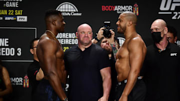 Jan 21, 2022; Anaheim, CA, USA; Francis Ngannou and Ciryl Gane pose face to face during weigh-ins for UFC 270 at Anaheim Convention Center. Mandatory Credit: Gary A. Vasquez-USA TODAY Sports