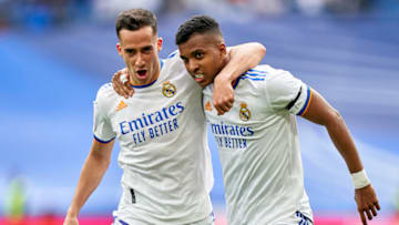 MADRID, SPAIN - APRIL 30: Rodrygo Silva De Goes (R) of Real Madrid CF celebrates with teammate Lucas Vazquez after scoring his team's second goal during the La Liga Santander match between Real Madrid CF and RCD Espanyol at Estadio Santiago Bernabeu Stadium on April 30, 2022 in Madrid, Spain. (Photo by Jose Manuel Alvarez/Quality Sport Images/Getty Images)