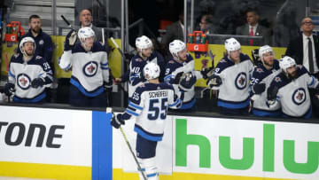 LAS VEGAS, NV - MAY 16: Mark Scheifele #55 of the Winnipeg Jets is congratulated by his teammates after scoring a third-period goal against the Vegas Golden Knights in Game Three of the Western Conference Finals during the 2018 NHL Stanley Cup Playoffs at T-Mobile Arena on May 16, 2018 in Las Vegas, Nevada. (Photo by Isaac Brekken/Getty Images)