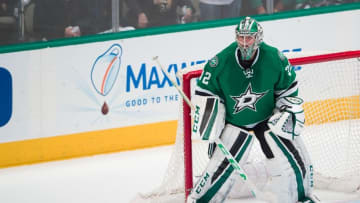 Apr 16, 2016; Dallas, TX, USA; Dallas Stars goalie Kari Lehtonen (32) faces the Minnesota Wild attack in game two of the first round of the 2016 Stanley Cup Playoffs at the American Airlines Center. The Stars defeat the Wild 2-1. Mandatory Credit: Jerome Miron-USA TODAY Sports