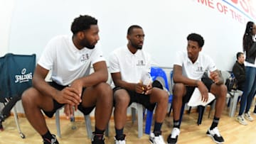 JOHANNESBURG, SOUTH AFRICA - AUGUST 2: Andre Drummond of the Detroit Pistons, Kemba Walker of the Charlotte Hornets and Rondae Hollis-Jefferson evaluates during the Basketball Without Borders Africa at the American International School of Johannesburg on August 2, 2017 in Gauteng province of Johannesburg, South Africa. NOTE TO USER: User expressly acknowledges and agrees that, by downloading and or using this photograph, User is consenting to the terms and conditions of the Getty Images License Agreement. Mandatory Copyright Notice: Copyright 2017 NBAE (Photo by Andrew D. Bernstein/NBAE via Getty Images)