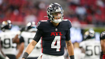 Aug 27, 2022; Atlanta, Georgia, USA; Atlanta Falcons quarterback Desmond Ridder (4) in action against the Jacksonville Jaguars in the first half at Mercedes-Benz Stadium. Mandatory Credit: Brett Davis-USA TODAY Sports