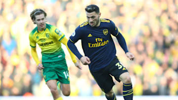 NORWICH, ENGLAND - DECEMBER 01: Sead Kolasinac of Arsenal is closed down by Todd Cantwell of Norwich City during the Premier League match between Norwich City and Arsenal FC at Carrow Road on December 01, 2019 in Norwich, United Kingdom. (Photo by Julian Finney/Getty Images)