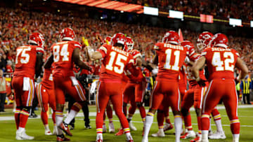 KANSAS CITY, MO - OCTOBER 21: Patrick Mahomes #15 of the Kansas City Chiefs and the entire offense celebrate the games first touchdown with a dance party in the end zone during the first quarter of the game against the Cincinnati Bengals at Arrowhead Stadium on October 21, 2018 in Kansas City, Kansas. (Photo by David Eulitt/Getty Images)