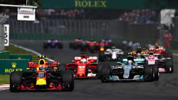 MEXICO CITY, MEXICO - OCTOBER 29: Max Verstappen of the Netherlands driving the (33) Red Bull Racing Red Bull-TAG Heuer RB13 TAG Heuer leads the field during the Formula One Grand Prix of Mexico at Autodromo Hermanos Rodriguez on October 29, 2017 in Mexico City, Mexico. (Photo by Clive Mason/Getty Images)