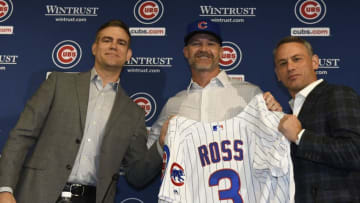 CHICAGO, ILLINOIS - OCTOBER 28: Theo Epstein, president of baseball operations of the Chicago Cubs, (L) David Ross, new manager of the Chicago Cubs (C) and Jed Hoyer, general manager of the Cubs (R) pose for a photo as Ross is introduced to the media at Wrigley Field on October 28, 2019 in Chicago, Illinois. (Photo by David Banks/Getty Images)
