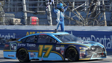 TALLADEGA, AL - MAY 07: Ricky Stenhouse Jr., driver of the #17 Fifth Third Bank Ford, celebrates wnning the Monster Energy NASCAR Cup Series GEICO 500 at Talladega Superspeedway on May 7, 2017 in Talladega, Alabama. (Photo by Chris Graythen/Getty Images)