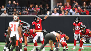 ATLANTA, GA - OCTOBER 14: Quarterback Matt Bryant #3 of the Atlanta Falcons lines up under center during the second quarter against the Tampa Bay Buccaneers at Mercedes-Benz Stadium on October 14, 2018 in Atlanta, Georgia. (Photo by Scott Cunningham/Getty Images)