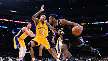 LOS ANGELES, CA - APRIL 7: Buddy Hield #24 of the Sacramento Kings drives to the basket against Brandon Ingram #14 of the Los Angeles Lakers during the second half of the basketball game at Staples Center April 7, 2017, in Los Angeles, California. NOTE TO USER: User expressly acknowledges and agrees that, by downloading and or using this photograph, User is consenting to the terms and conditions of the Getty Images License Agreement. (Photo by Kevork Djansezian/Getty Images)