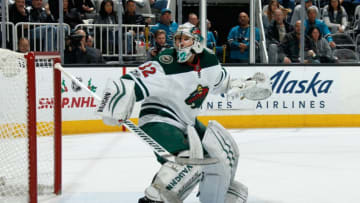 SAN JOSE, CA - DECEMBER 10: Alex Stalock #32 of the Minnesota Wild looks during a NHL game against the San Jose Sharks at SAP Center on December 10, 2017 in San Jose, California. (Photo by Don Smith/NHLI via Getty Images)