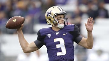 Sep 17, 2016; Seattle, WA, USA; Washington Huskies quarterback Jake Browning (3) throws a touchdown pass against the Portland State Vikings during the first quarter at Husky Stadium. Mandatory Credit: Jennifer Buchanan-USA TODAY Sports