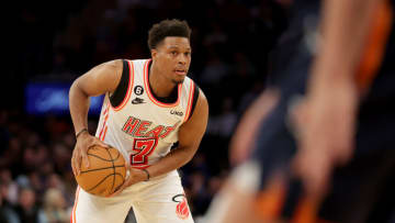 Miami Heat guard Kyle Lowry (7) controls the ball against the New York Knicks( Brad Penner-USA TODAY Sports)