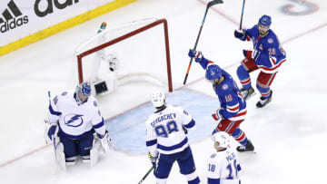 NEW YORK, NEW YORK - JUNE 01: Andrei Vasilevskiy #88 of the Tampa Bay Lightning reacts after giving up a goal to Mika Zibanejad (not pictured) #93 of the New York Rangers during the third period in Game One of the Eastern Conference Final of the 2022 Stanley Cup Playoffs at Madison Square Garden on June 01, 2022 in New York City. (Photo by Sarah Stier/Getty Images)