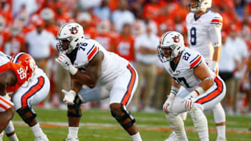 Auburn footballSep 9, 2017; Clemson, SC, USA; Auburn Tigers offensive lineman Prince Tega Wanogho (76) and fullback Chandler Cox (27) line up during the game against the Clemson Tigers at Clemson Memorial Stadium. Mandatory Credit: Jeremy Brevard-USA TODAY Sports