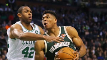 BOSTON, MA - DECEMBER 4: Al Horford #42 of the Boston Celtics defends Giannis Antetokounmpo #34 of the Milwaukee Bucks during the second quarter at TD Garden on December 4, 2017 in Boston, Massachusetts. (Photo by Maddie Meyer/Getty Images)