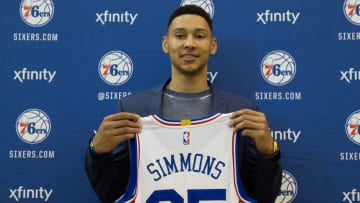Jun 24, 2016; Philadelphia, PA, USA; Philadelphia 76ers number one overall draft pick Ben Simmons during an introduction press conference at the Philadelphia College of Osteopathic Medicine. Mandatory Credit: Bill Streicher-USA TODAY Sports
