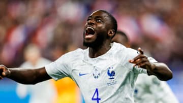 Bayern Munich defender Dayot Upamecano celebrating his goal for France against Netherlands. (Photo by Antonio Borga/Eurasia Sport Images/Getty Images)