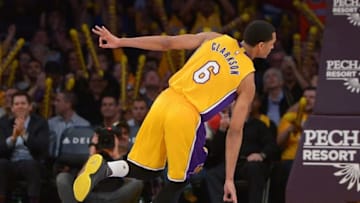 Mar 8, 2016; Los Angeles, CA, USA; Los Angeles Lakers guard Jordan Clarkson (6) runs down court after a three point basket in the second half of the game against the Orlando Magic at Staples Center. The Lakers won 107-98. Mandatory Credit: Jayne Kamin-Oncea-USA TODAY Sports