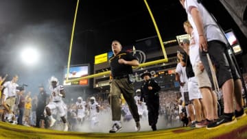 Sep 18, 2015; Tempe, AZ, USA; Arizona State Sun Devils head coach Todd Graham leads his team onto the field to start the game against the New Mexico Lobos at Sun Devil Stadium. Mandatory Credit: Matt Kartozian-USA TODAY Sports