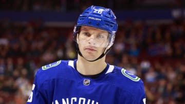 VANCOUVER, BC - MARCH 13: Antoine Roussel #26 of the Vancouver Canucks skates up ice during their NHL game against the New York Rangers at Rogers Arena March 13, 2019 in Vancouver, British Columbia, Canada. (Photo by Jeff Vinnick/NHLI via Getty Images)"n