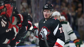 BUFFALO, NEW YORK - JANUARY 07: Victor Olofsson #71 of the Buffalo Sabres celebrates after scoring a goal during the first period of an NHL hockey game against the Minnesota Wild at KeyBank Center on January 07, 2023 in Buffalo, New York. (Photo by Joshua Bessex/Getty Images)