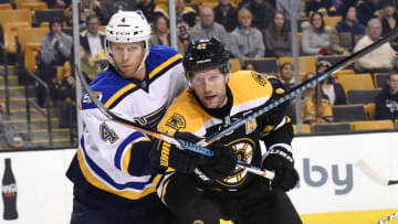 BOSTON, MA - NOVEMBER 22: David Backes #42 of the Boston Bruins watches the play against Carl Gunnarsson #4 of the St. Louis Blues at the TD Garden on November 22, 2016 in Boston, Massachusetts. (Photo by Brian Babineau/NHLI via Getty Images)