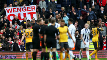 WEST BROMWICH, ENGLAND - MARCH 18: Arsenal fans display banners during the Premier League match between West Bromwich Albion and Arsenal at The Hawthorns on March 18, 2017 in West Bromwich, England. (Photo by Alex Morton/Getty Images)