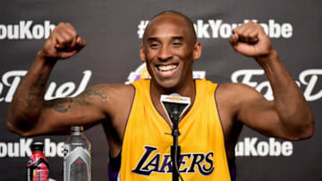 LOS ANGELES, CA - APRIL 13: Kobe Bryant #24 of the Los Angeles Lakers smiles during the post game news conference after scoring 60 points in the final game of his NBA career at Staples Center on April 13, 2016 in Los Angeles, California. NOTE TO USER: User expressly acknowledges and agrees that, by downloading and or using this photograph, User is consenting to the terms and conditions of the Getty Images License Agreement. (Photo by Harry How/Getty Images)