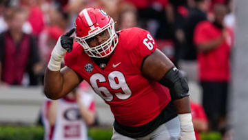 Georgia Bulldogs offensive lineman Jamaree Salyer reacts after a Georgia touchdown against the South Carolina Gamecocks at Sanford Stadium. (Photo By: Dale Zanine-USA TODAY Sports)
