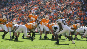KNOXVILLE, TN - NOVEMBER 19: Quarterback Rick Clausen #7 of the Tennessee Volunteers calls the audible at the line during the game against the Vanderbilt Commodores on November 19, 2005 at Neyland Stadium in Knoxville, Tennessee. Commodores defeated the Volunteers 28-24. (Photo by Doug Pensinger/Getty Images)