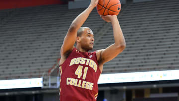 Feb 13, 2021; Syracuse, New York, USA; Boston College Eagles forward Steffon Mitchell (41) shoots the ball against the Syracuse Orange during the second half at the Carrier Dome. Mandatory Credit: Rich Barnes-USA TODAY Sports