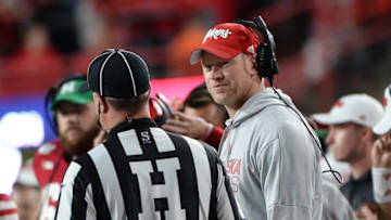 LINCOLN, NE - SEPTEMBER 28: Head coach Scott Frost of the Nebraska Cornhuskers talks with an official during the game against the Ohio State Buckeyes at Memorial Stadium on September 28, 2019 in Lincoln, Nebraska. (Photo by Steven Branscombe/Getty Images)