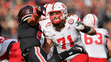COLUMBUS, OH - NOVEMBER 3: Matt Farniok #71 of the Nebraska Cornhuskers blocks against the Ohio State Buckeyes at Ohio Stadium on November 3, 2018 in Columbus, Ohio. (Photo by Jamie Sabau/Getty Images)