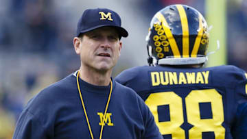 Apr 1, 2016; Ann Arbor, MI, USA; Michigan Wolverines head coach Jim Harbaugh looks on during the spring game at Michigan Stadium. Mandatory Credit: Rick Osentoski-USA TODAY Sports