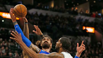 JANUARY 2: Steven Adams #12 of the OKC Thunder battles LaMarcus Aldridge #12 of the San Antonio Spurs for a rebound during second half . (Photo by Ronald Cortes/Getty Images)