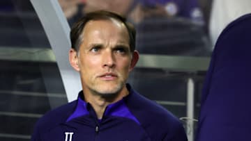 LAS VEGAS, NEVADA - JULY 16: Manager Thomas Tuchel of Chelsea looks on prior to his team's preseason friendly match against Club América at Allegiant Stadium on July 16, 2022 in Las Vegas, Nevada. (Photo by Ethan Miller/Getty Images)