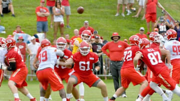 Jul 30, 2016; St. Joseph, MO, USA; Kansas City Chiefs quarterback Alex Smith (11) throws a pass during Kansas City Chiefs training camp presented by Mosaic Life Care at Missouri Western State University. Mandatory Credit: Denny Medley-USA TODAY Sports