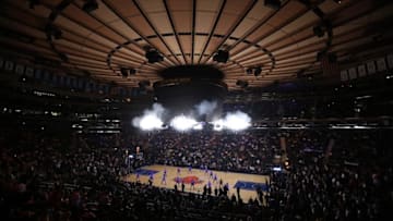 Nov 9, 2016; New York, NY, USA; Pyrotechnics explode as the Knicks City Dancers perform before a game between the New York Knicks and the Brooklyn Nets at Madison Square Garden. Mandatory Credit: Brad Penner-USA TODAY Sports