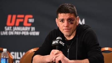 LAS VEGAS, NV - JANUARY 31: Nick Diaz interacts with the media during the UFC 183 post fight press conference at the MGM Grand Garden Arena on January 31, 2015 in Las Vegas, Nevada. (Photo by Jeff Bottari/Zuffa LLC/Zuffa LLC via Getty Images)