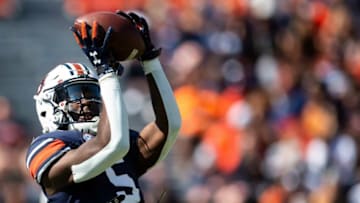 Auburn football wide receiver Kobe Hudson (5) during warm ups before the Auburn Tigers take on Georgia Bulldogs at Jordan-Hare Stadium in Auburn, Ala., on Saturday, Oct. 9, 2021.