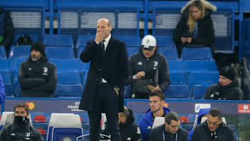LONDON, ENGLAND - NOVEMBER 23: Head Coach Massimiliano Allegri of Juventus after Reece James of Chelsea scores a goal to make it 2-0 during the UEFA Champions League group H match between Chelsea FC and Juventus at Stamford Bridge on November 23, 2021 in London, England. (Photo by Robin Jones/Getty Images)