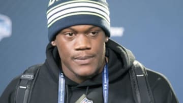 Feb 21, 2015; Indianapolis, IN, USA; Nebraska defensive lineman Randy Gregory talks to the media at the 2015 NFL Combine at Lucas Oil Stadium. Mandatory Credit: Trevor Ruszkowski-USA TODAY Sports