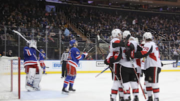 NEW YORK, NEW YORK - APRIL 03: The Ottawa Senators celebrate a goal by Brian Gibbons #17 of the Ottawa Senators at 14:58 of the third period against the New York Rangers at Madison Square Garden on April 03, 2019 in New York City. The Senators defeated the Rangers 4-1. (Photo by Bruce Bennett/Getty Images)