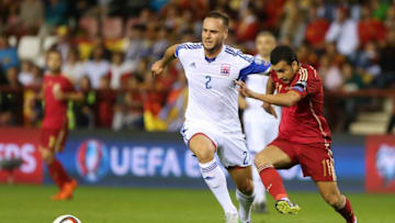 Luxembourg's defender Maxime Chanot (L) vies with Spain's forward Pedro during the Euro 2016 qualifying football match Spain vs Luxembourg at Las Gaunas stadium in Logrono on October 9, 2015. AFP PHOTO/ CESAR MANSO (Photo credit should read CESAR MANSO/AFP/Getty Images)