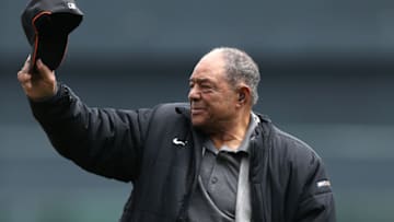 SAN FRANCISCO, CA - APRIL 6: San Francisco Giants legend Willie Mays waves to the fans during a ceremony honoring Buster Posey for winning the 2012 National League MVP before the Giants game against the St. Louis Cardinals at AT&T Park on April 6, 2013 in San Francisco, California. (Photo by Brad Mangin/MLB Photos via Getty Images)